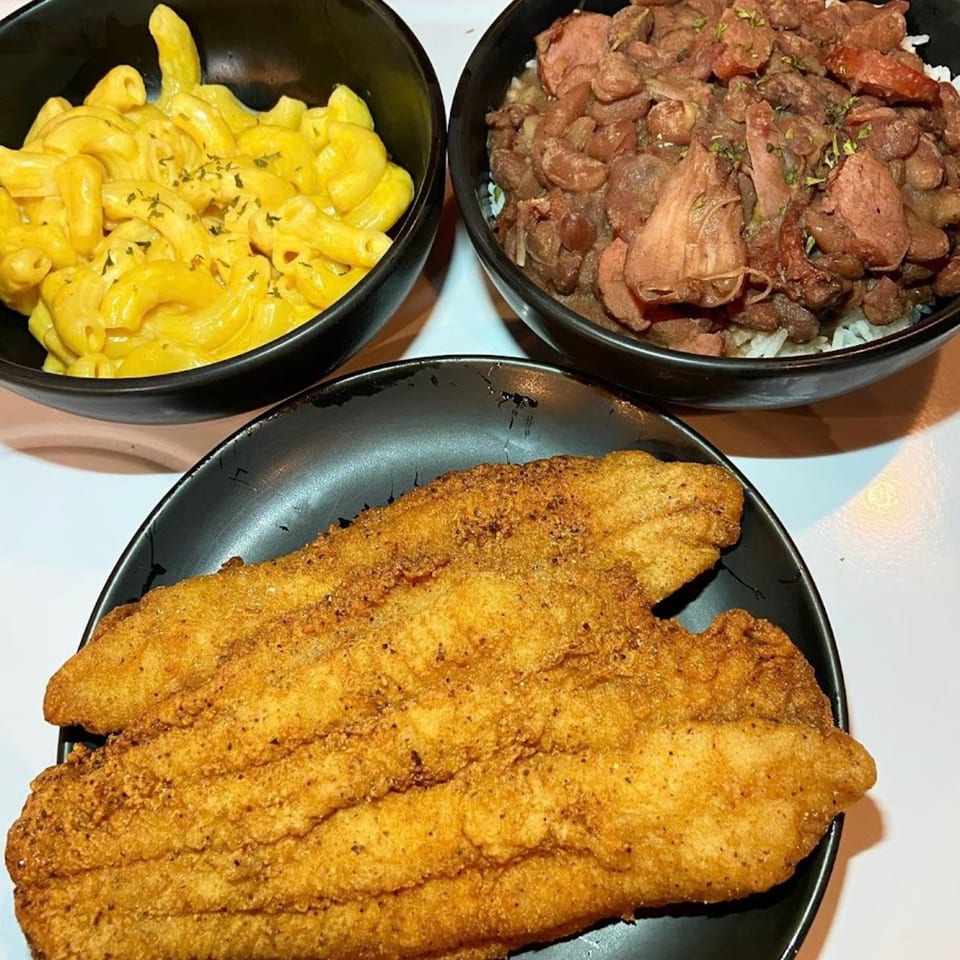 Fried fish, mac and cheese, and red beans and rice from Butter Funk Kitchen.